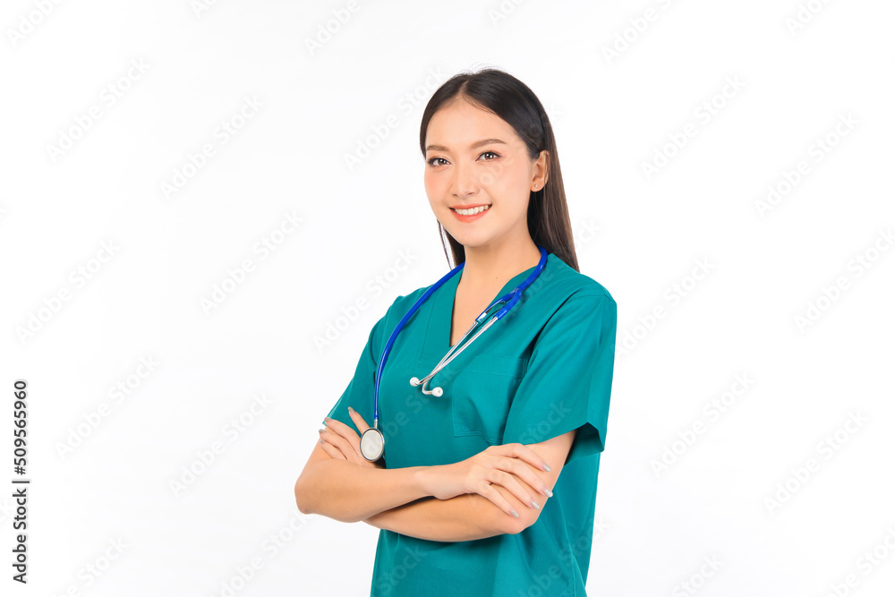 Portrait of professional confident young asian female smiling doctor in green scrubs doctor healthcare and doctors concept. Portrait of professional confident young asian female smiling doctor in green scrubs doctor healthcare and doctors concept.