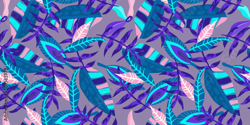 Neon tropic floral seamless pattern on purple background. Floral neon for bright summer design. Tropic jungle in abstract style on blue background