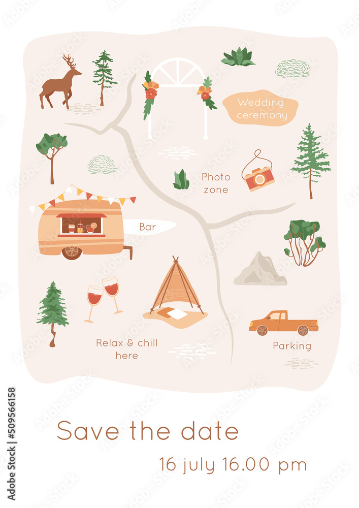 Outdoor wedding invitation template. Party map with decorative arch, camping bar, photo and lounge zone. Holiday, weekend on nature, marriage ceremony concept. Vector summer illustration.
