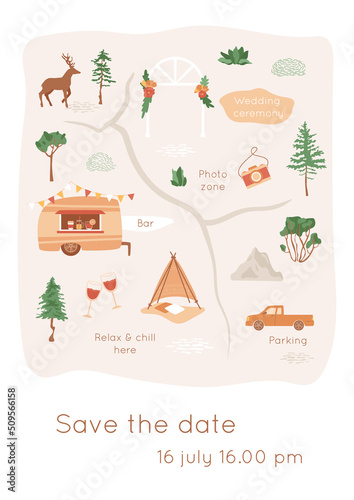 Outdoor wedding invitation template. Party map with decorative arch, camping bar, photo and lounge zone. Holiday, weekend on nature, marriage ceremony concept. Vector summer illustration.