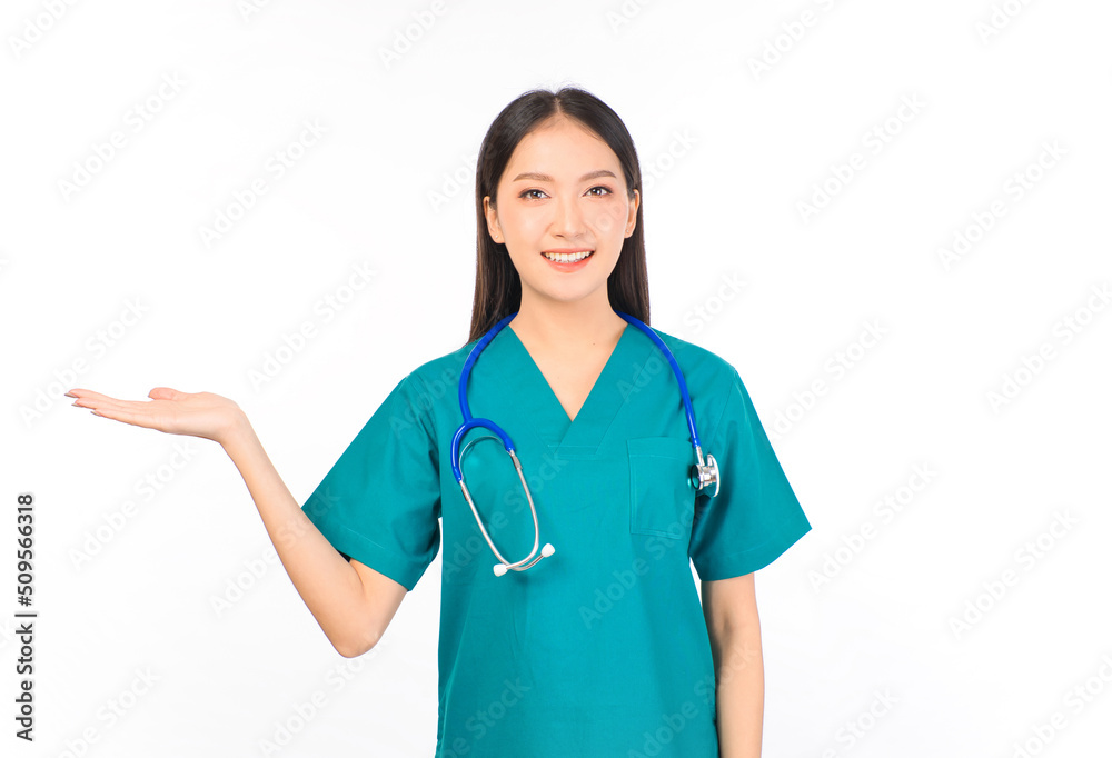 Portrait of professional confident young asian female smiling doctor in green scrubs showing presenting finger to empty space, doctor healthcare and doctors concept. Portrait of professional confident young asian female smiling doctor in green scrubs showing presenting finger to empty space, doctor healthcare and doctors concept.