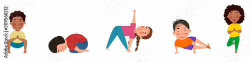 A set of pretty girls and boys of different nationalities are engaged in yoga. Yoga for children. Vector illustration in a flat style