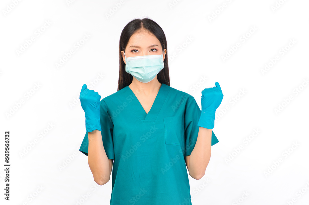 portrait asian female doctor in scrubs standing fingers protection flu cold facial with mask wearing surgical gloves portrait asian female doctor in scrubs standing fingers protection flu cold facial with mask wearing surgical gloves