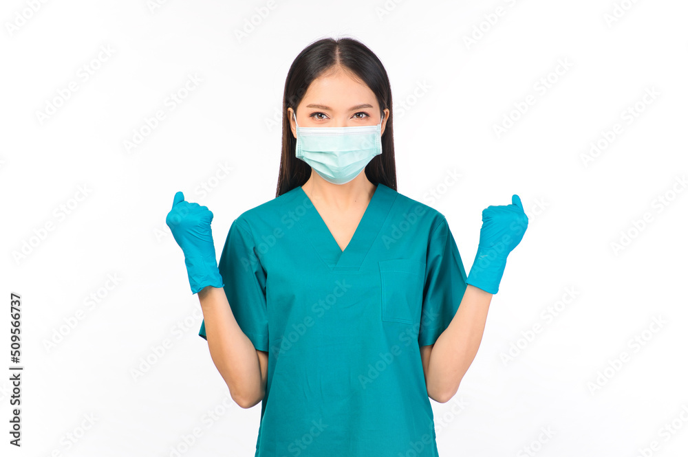 portrait asian female doctor in scrubs standing fingers protection flu cold facial with mask wearing surgical gloves portrait asian female doctor in scrubs standing fingers protection flu cold facial with mask wearing surgical gloves