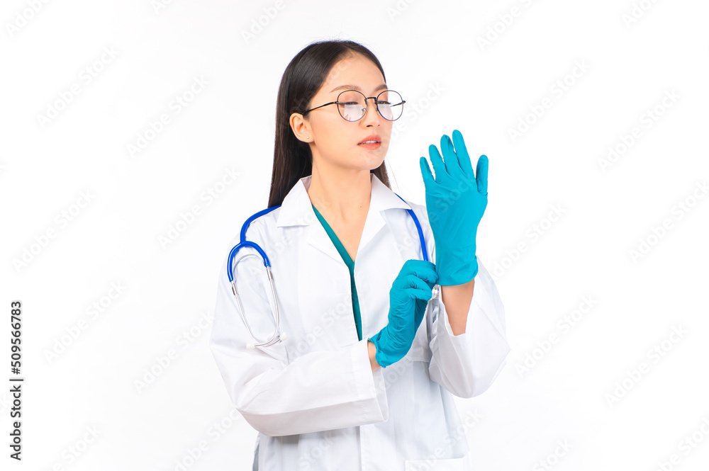 portrait asian female doctor with stethoscope in uniform protection facial mask wearing surgical gloves. portrait asian female doctor with stethoscope in uniform protection facial mask wearing surgical gloves.