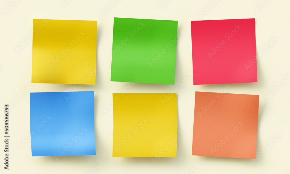 3D Rendering of blank sticky notes isolated on beige background.