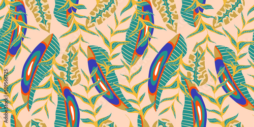 Aesthetic boho jungle seamless pattern for print design. Boho botanical tropic floral background. Modern exotic floral jungle pattern. Geometric texture. Print design