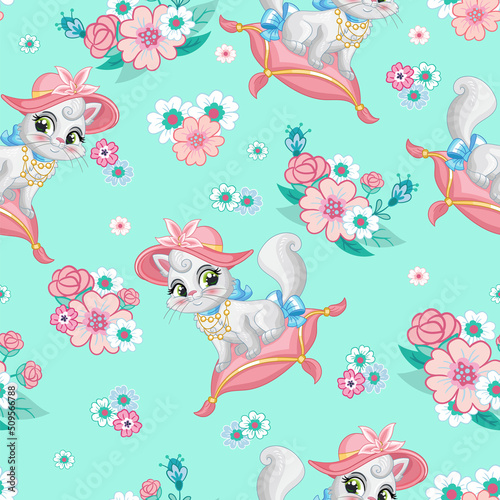 Seamless pattern cute cat on a pillow and flowers vector