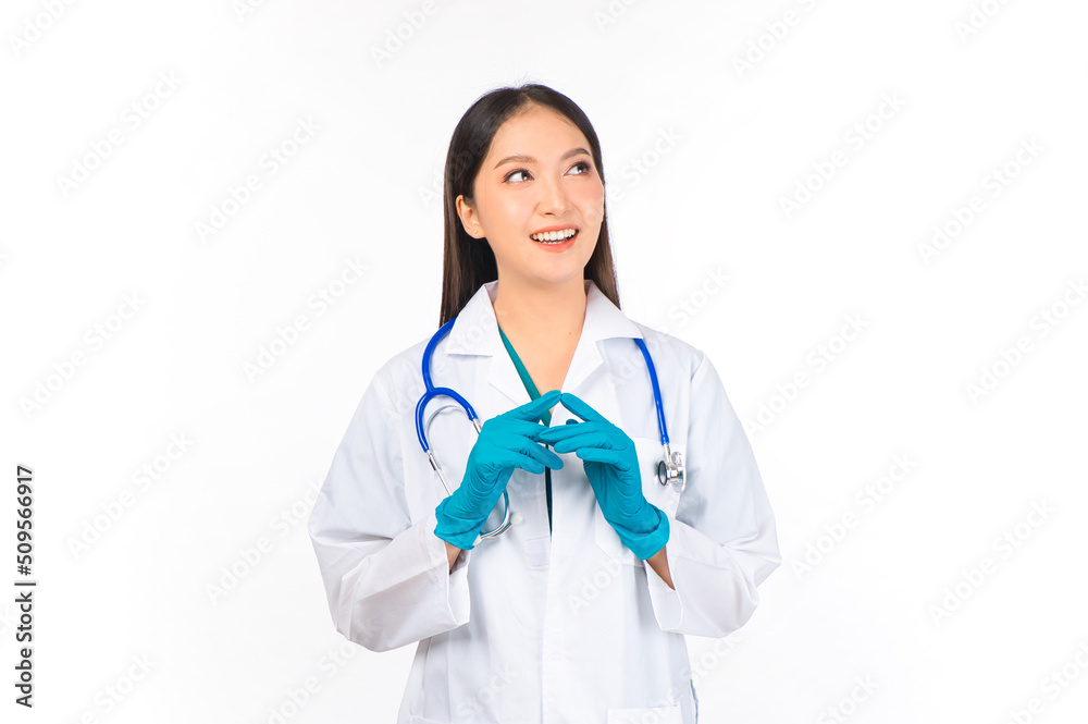portrait asian female doctor with stethoscope in uniform. wearing surgical gloves, thinking in uniform ,doctor ready for surgery. portrait asian female doctor with stethoscope in uniform. wearing surgical gloves, thinking in uniform ,doctor ready for surgery.