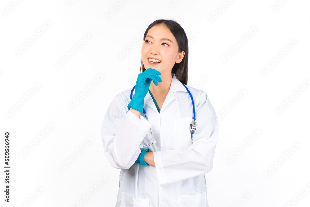portrait asian female doctor with stethoscope in uniform. wearing surgical gloves, thinking in uniform ,doctor ready for surgery. portrait asian female doctor with stethoscope in uniform. wearing surgical gloves, thinking in uniform ,doctor ready for surgery.