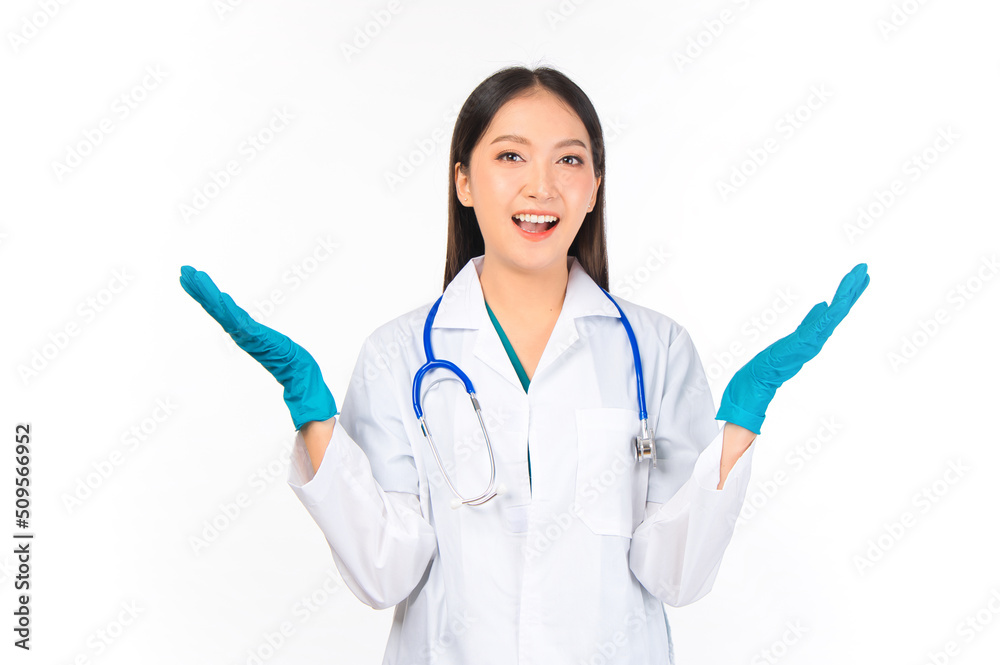 portrait asian female doctor with stethoscope in uniform. wearing surgical gloves portrait asian female doctor with stethoscope in uniform. wearing surgical gloves