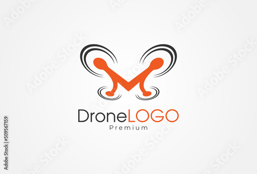Initial M drone logo, letter M combination with propellers to form a drone, usable for technology, security, logistic and company logos, vector illustration