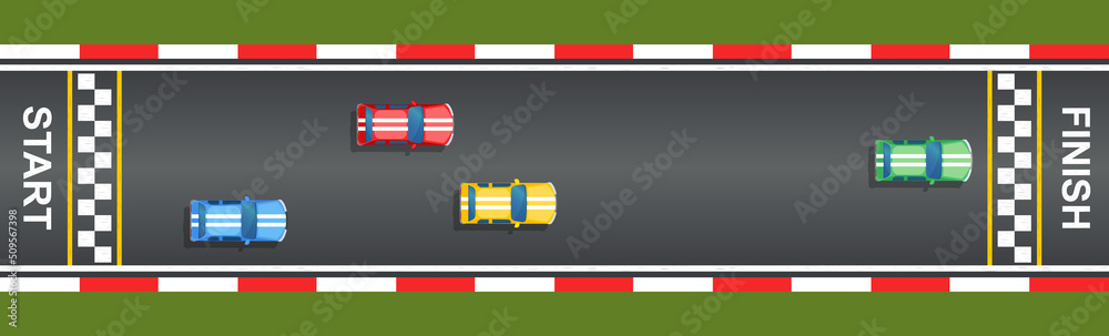Racing track top view with cars, start and finish lines. Roadway for ...