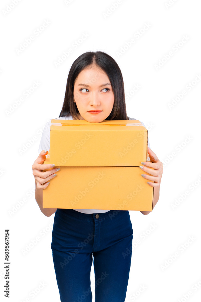 Happy cute asian woman smiling and holding package online marketing and delivery Start a small business at home on white background, Delivery shipping service concept. Happy cute asian woman smiling and holding package online marketing and delivery Start a small business at home on white background, Delivery shipping service concept.