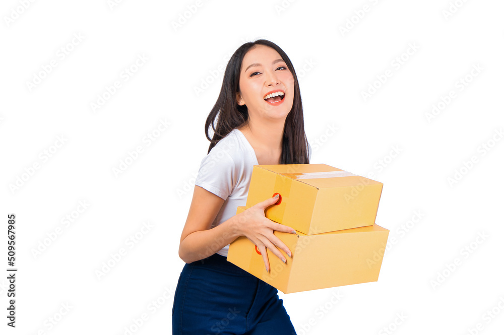Happy cute asian woman smiling and holding package online marketing and delivery Start a small business at home on white background, Delivery shipping service concept. Happy cute asian woman smiling and holding package online marketing and delivery Start a small business at home on white background, Delivery shipping service concept.
