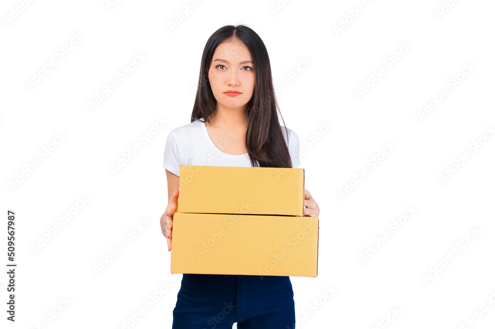 Happy cute asian woman smiling and holding package online marketing and delivery Start a small business at home on white background, Delivery shipping service concept. Happy cute asian woman smiling and holding package online marketing and delivery Start a small business at home on white background, Delivery shipping service concept.