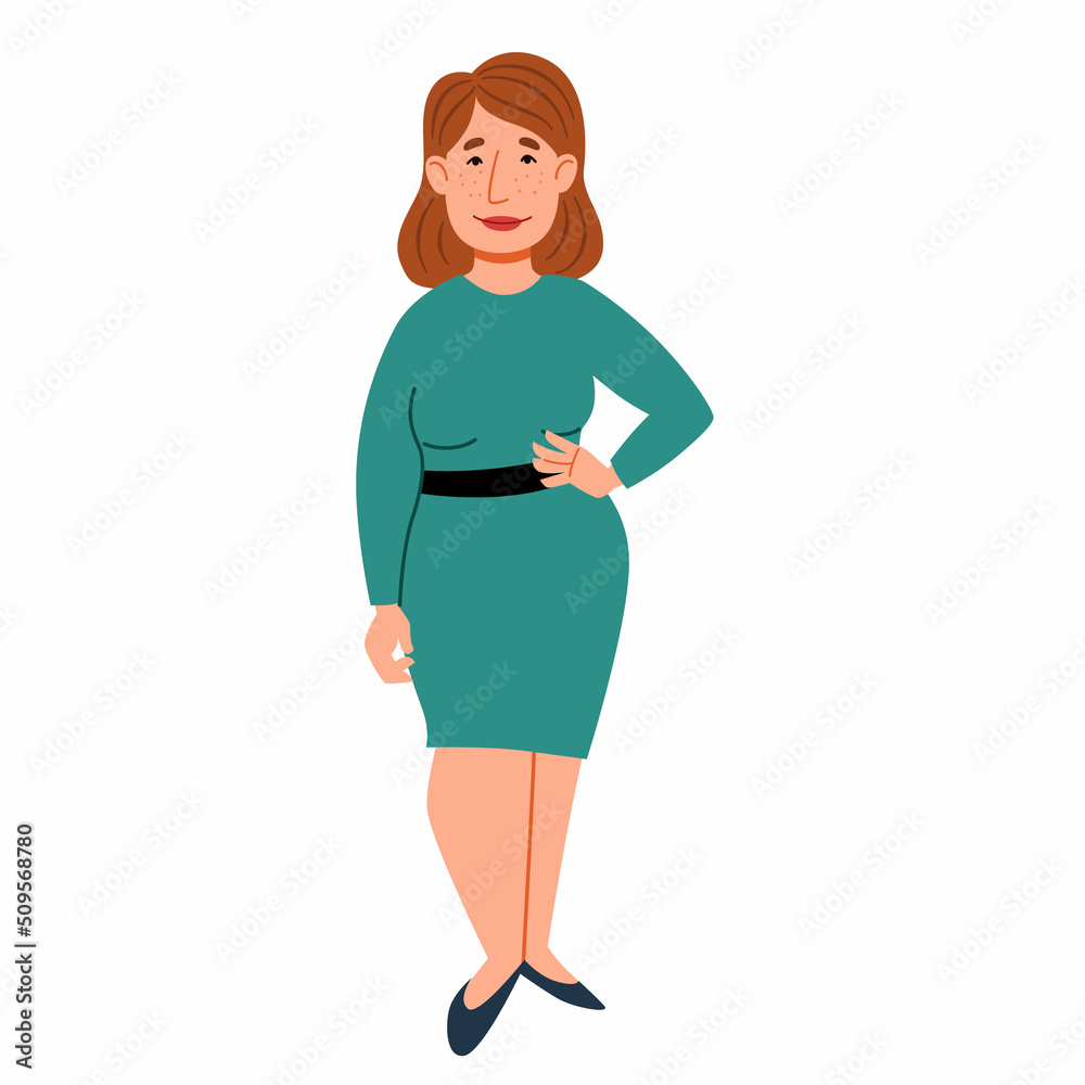 Fototapeta premium A female character in a dress. A full-length European girl. Vector illustration in a flat style, isolated on a white background.