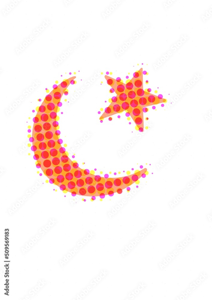 An illustraation of red Islamic symbol (the moon and the star) and yellow pokka dot on the white background An illustraation of red Islamic symbol (the moon and the star) and yellow pokka dot on the white background
