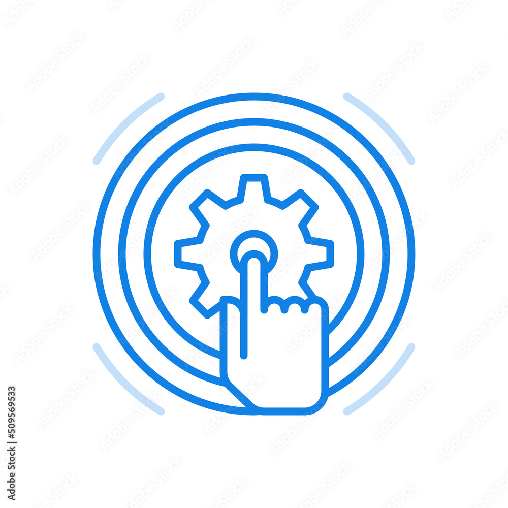 Starting optimization vector line icon. Finger turns gear in circle.