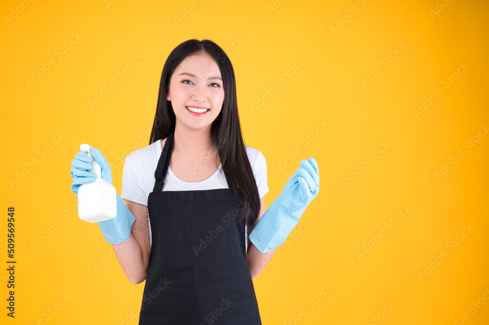 attractive asian female smile wearing black apron her hands with blue rubber gloves holding a white spray bottle poses cleaning. attractive asian female smile wearing black apron her hands with blue rubber gloves holding a white spray bottle poses cleaning.