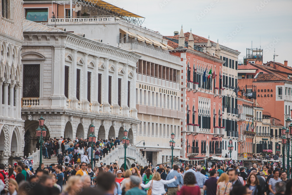 Venice, Italy - May 25, 2019: overcrowded square of european tourist city