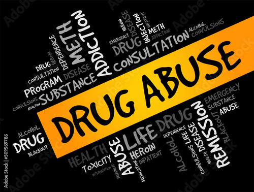 Drug Abuse - use of certain chemicals for the purpose of creating pleasurable effects on the brain, word cloud health concept background