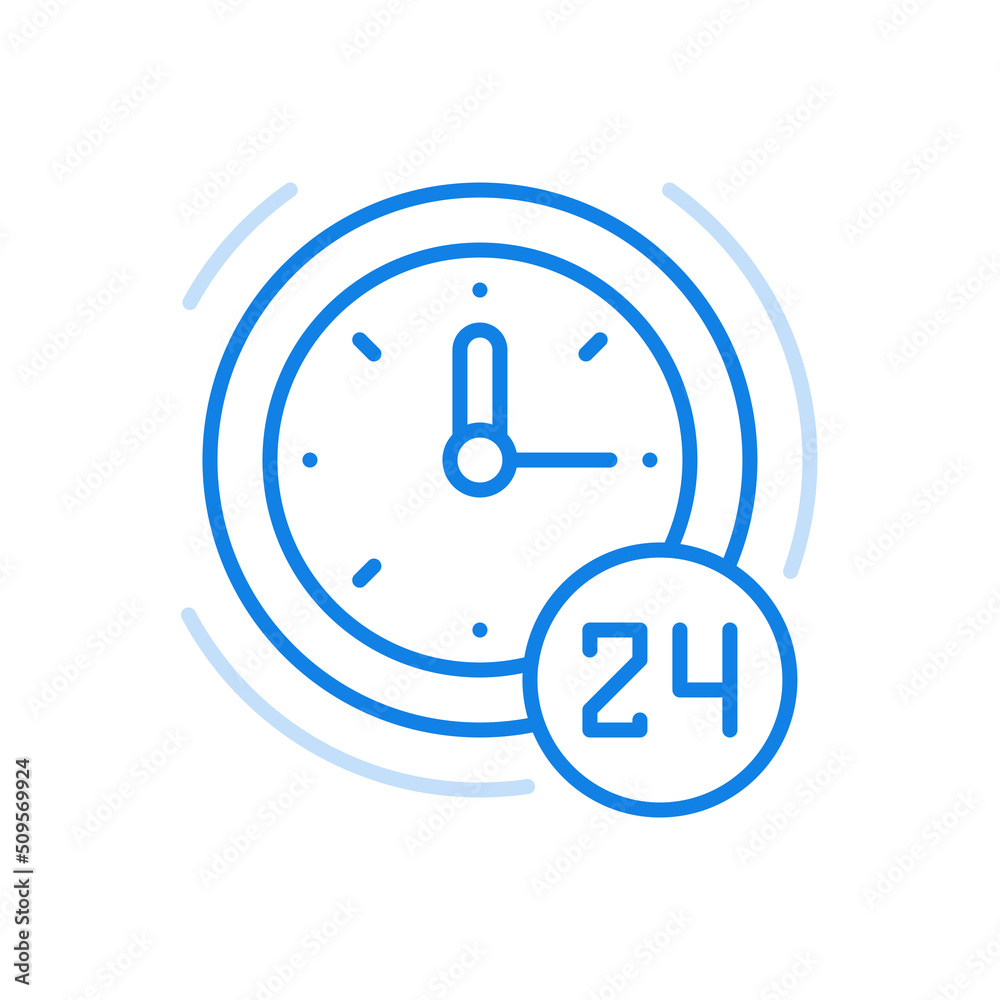 24 hour work schedule vecto line icon. Constant support for customers and subscribers. 24 hour work schedule vecto line icon. Constant support for customers and subscribers.