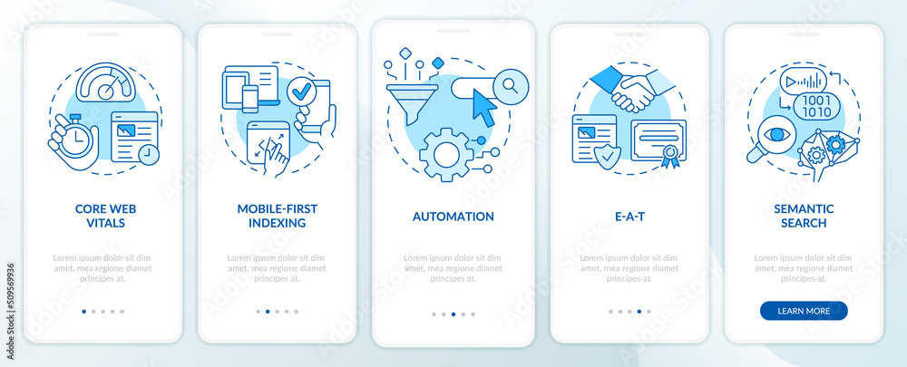 Search engine optimization concepts blue onboarding mobile app screen. Walkthrough 5 steps editable instructions with linear concepts. UI, UX, GUI template. Myriad Pro-Bold, Regular fonts used
