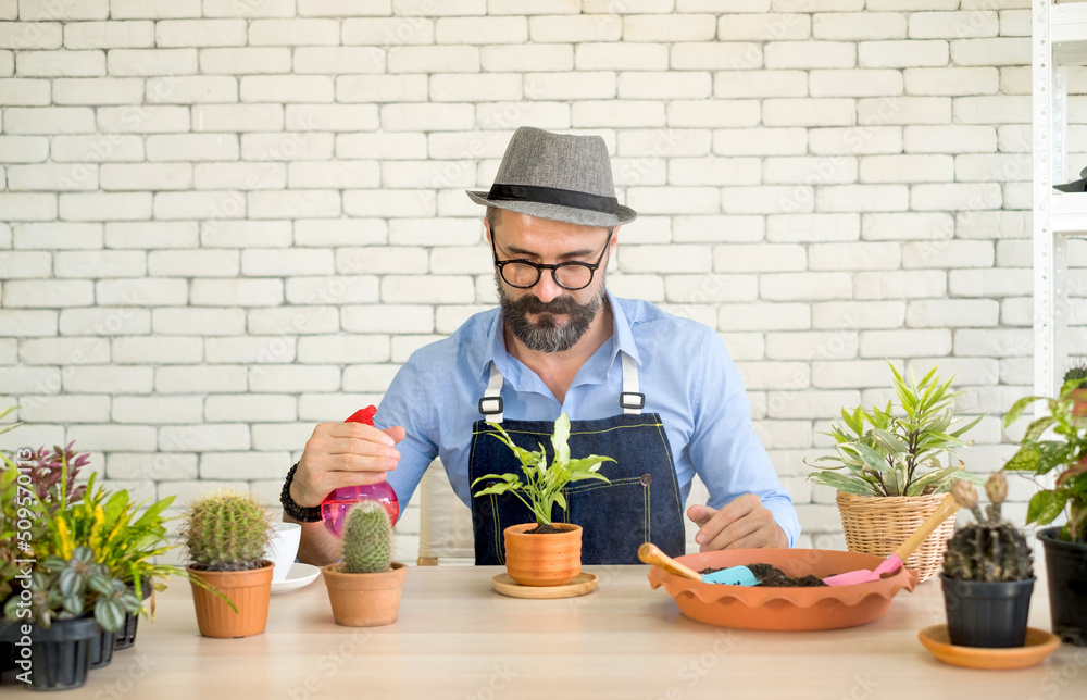 An elderly man handsome with have mustache wearing glasses is happy with tree care. is a hobby of gardening at home, living happily after retirement. Concepts nature and environment An elderly man handsome with have mustache wearing glasses is happy with tree care. is a hobby of gardening at home, living happily after retirement. Concepts nature and environment