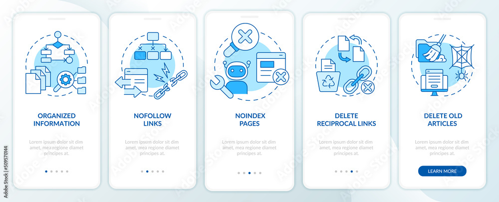SEO principles blue onboarding mobile app screen. Website promotion. Walkthrough 5 steps editable graphic instructions with linear concepts. UI, UX, GUI template. Myriad Pro-Bold, Regular fonts used