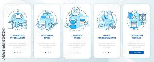 SEO principles blue onboarding mobile app screen. Website promotion. Walkthrough 5 steps editable graphic instructions with linear concepts. UI, UX, GUI template. Myriad Pro-Bold, Regular fonts used