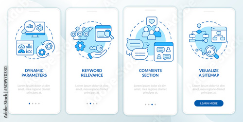 Advanced search engine optimization blue onboarding mobile app screen. Walkthrough 4 steps editable instructions with linear concepts. UI, UX, GUI template. Myriad Pro-Bold, Regular fonts used