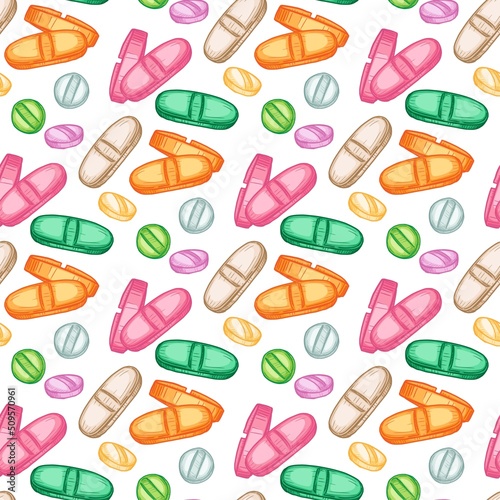 Bright pills vector seamless pattern on white background