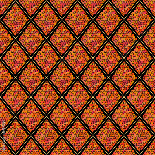Abstract geometric seamless pattern. Diamond grid filled with orange, yellow and red mosaic ornament. For textile design