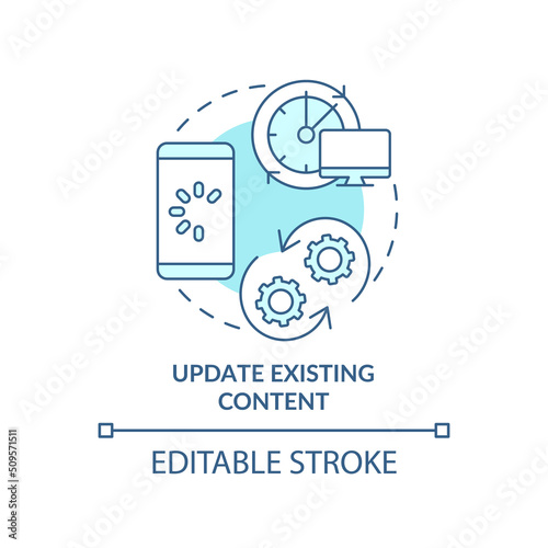Update existing content turquoise concept icon. Upgrade information. Advanced SEO abstract idea thin line illustration. Isolated outline drawing. Editable stroke. Arial, Myriad Pro-Bold fonts used