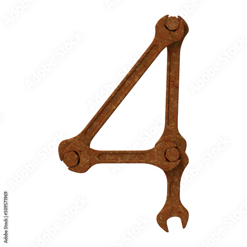 Number 4 made of rusty wrenches and bolts, isolated on white, 3d rendering