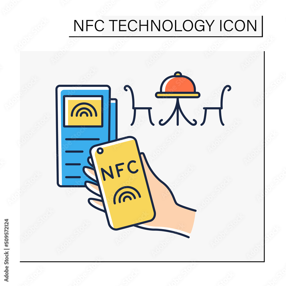 Naklejka premium NFC technology color icon. Cashless payment in cafe. Fast paying for dinner. Banking terminal. Contactless payment concept. Isolated vector illustration