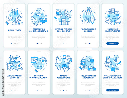 Health system transformation blue onboarding mobile app screen set. Walkthrough 5 steps editable graphic instructions with linear concepts. UI, UX, GUI template. Myriad Pro-Bold, Regular fonts used