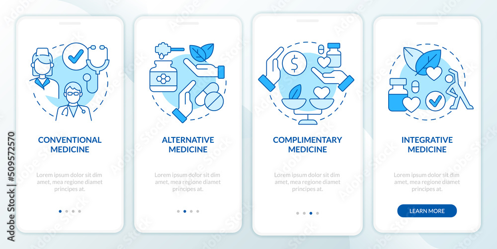 Types of healthcare approaches blue onboarding mobile app screen. Walkthrough 4 steps editable graphic instructions with linear concepts. UI, UX, GUI template. Myriad Pro-Bold, Regular fonts used