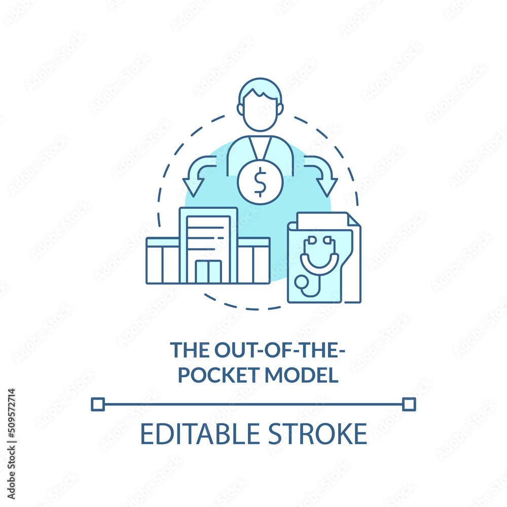 Out-of-the-pocket model turquoise concept icon. Health system model abstract idea thin line illustration. No insurance. Isolated outline drawing. Editable stroke. Arial, Myriad Pro-Bold fonts used
