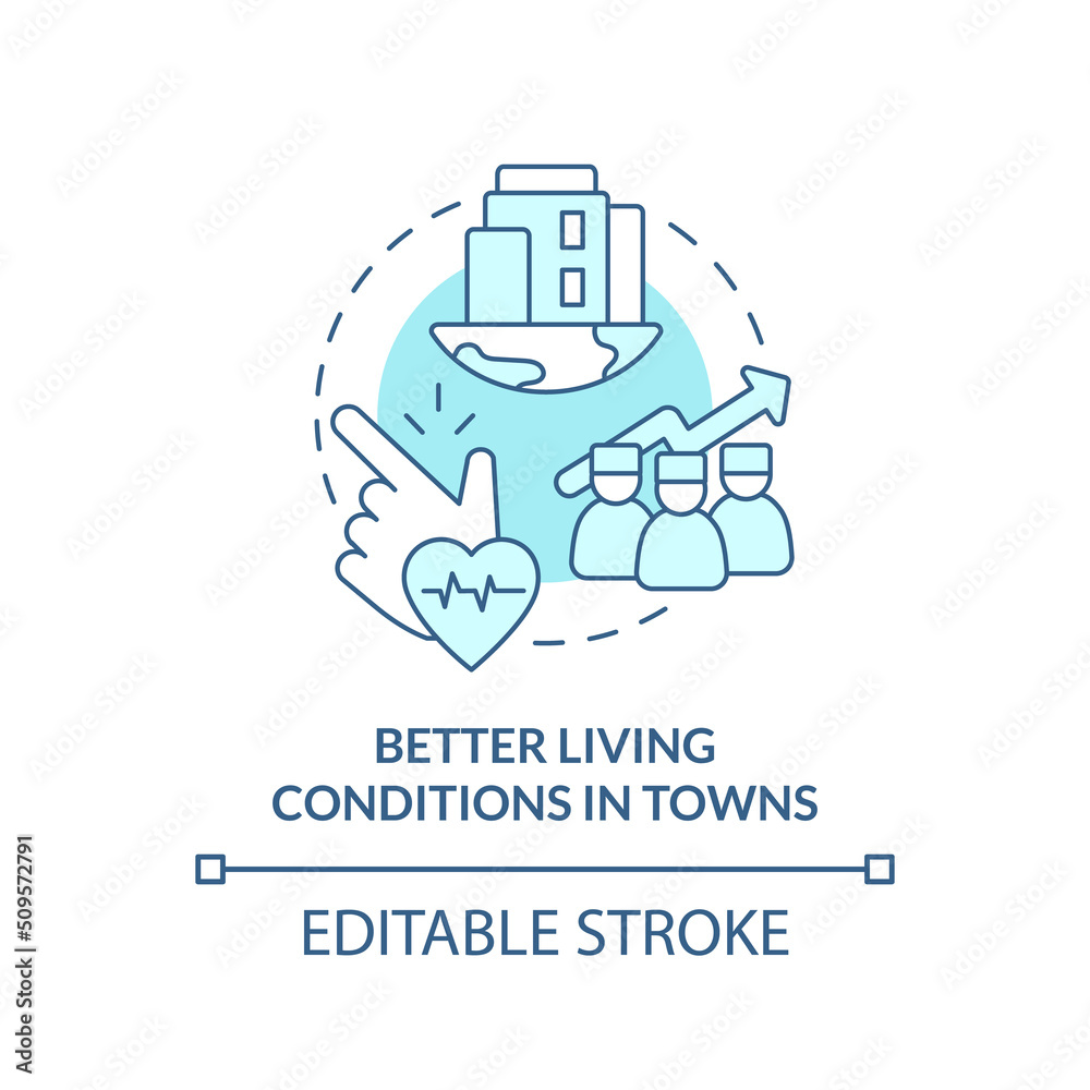 Better living conditions in towns turquoise concept icon. Improve healthcare access abstract idea thin line illustration. Isolated outline drawing. Editable stroke. Arial, Myriad Pro-Bold fonts used