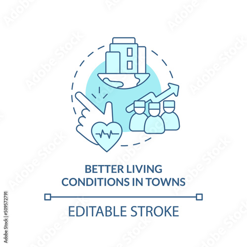 Better living conditions in towns turquoise concept icon. Improve healthcare access abstract idea thin line illustration. Isolated outline drawing. Editable stroke. Arial, Myriad Pro-Bold fonts used