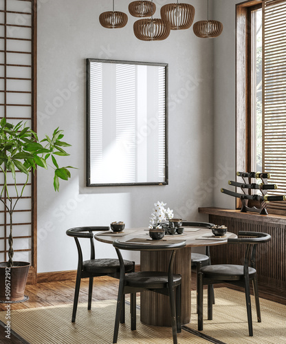 Home interior in japanese style, frame mockup in dining room background, 3d render photo
