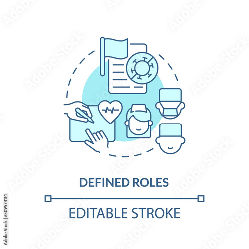 Defined roles turquoise concept icon. Prepare for pandemic abstract idea thin line illustration. Healthcare professionals. Isolated outline drawing. Editable stroke. Arial, Myriad Pro-Bold fonts used © bsd studio