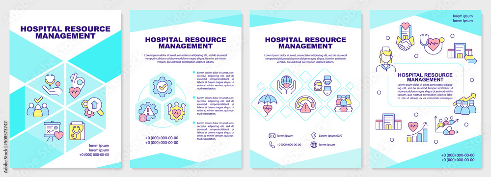 Hospital resource management turquoise brochure template. Leaflet design with linear icons. Editable 4 vector layouts for presentation, annual reports. Arial-Black, Myriad Pro-Regular fonts used