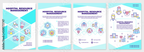 Hospital resource management turquoise brochure template. Leaflet design with linear icons. Editable 4 vector layouts for presentation, annual reports. Arial-Black, Myriad Pro-Regular fonts used