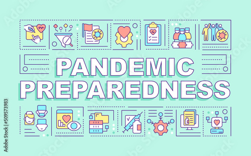Pandemic preparedness word concepts mint banner. Planning for outbreaks. Infographics with editable icons on color background. Isolated typography. Vector illustration with text. Arial-Black font used
