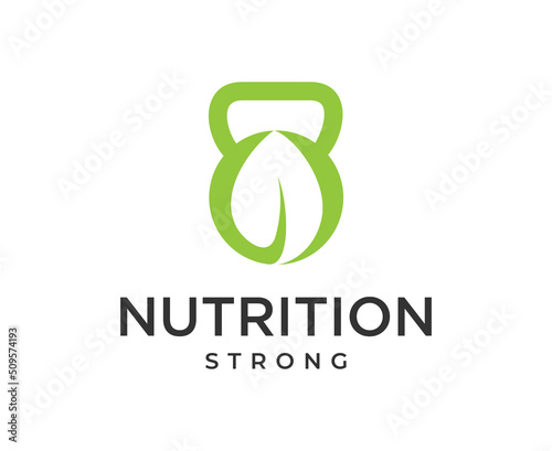 nutrition logo with kettlebell and leaf icon illustration vector template for healthy vitamin business