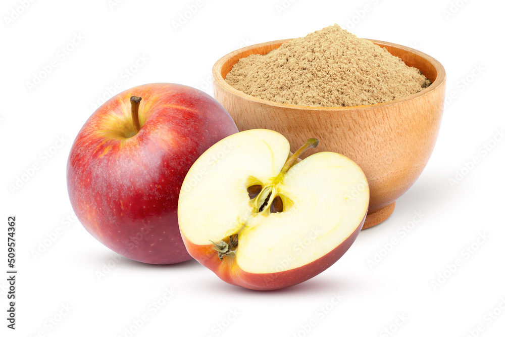 Apple pectin fiber powder in wooden bowl and fresh red apple with cut