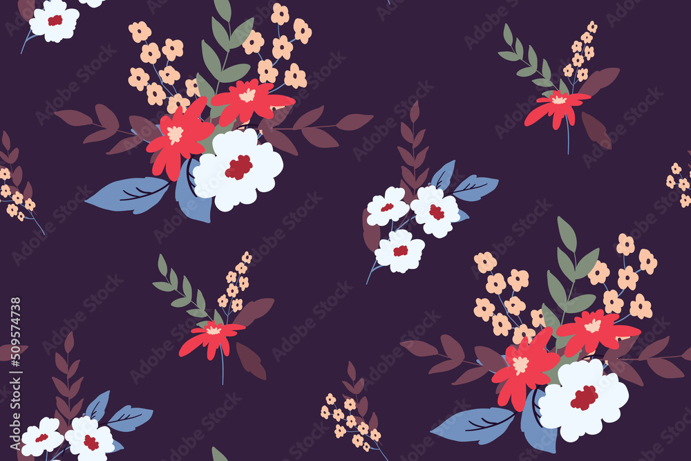 Cute floral pattern with bouquets, large hand drawn flowers, herbs, leaves on a dark background. Seamless pattern, botanical surface design with wild flowers. Vector illustration. Cute floral pattern with bouquets, large hand drawn flowers, herbs, leaves on a dark background. Seamless pattern, botanical surface design with wild flowers. Vector illustration.